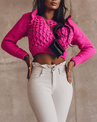 Ruffle hem braided long sleeve sweater
