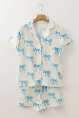 Bow Printed Short Sleeve Shirt and Shorts Pajama Set