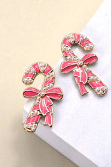CHRISTMAS CANDY CANE BOW PEARL STUD EARRINGS