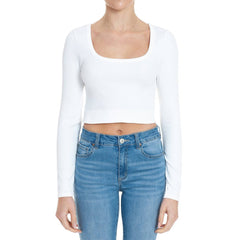 RIBBED SEAMLESS SCOOP NECK LONG SLEEVE CROPPED TOP