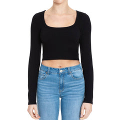 RIBBED SEAMLESS SCOOP NECK LONG SLEEVE CROPPED TOP