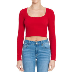 RIBBED SEAMLESS SCOOP NECK LONG SLEEVE CROPPED TOP