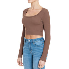 RIBBED SEAMLESS SCOOP NECK LONG SLEEVE CROPPED TOP