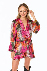 Jace Frio River Pink Snake Print Flowy Long Sleeve Romper