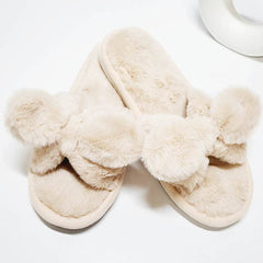 Soft Fur Bow Open Toe Indoor Slide Slippers