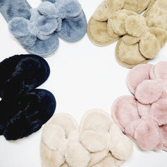 Soft Fur Bow Open Toe Indoor Slide Slippers