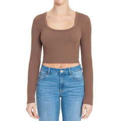 RIBBED SEAMLESS SCOOP NECK LONG SLEEVE CROPPED TOP