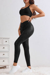 Black Crossed Dip Waist Sleek Leather Leggings