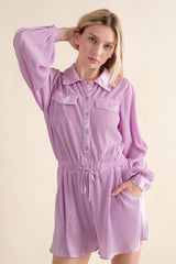 61136R - Accordion Pleated Collared Romper