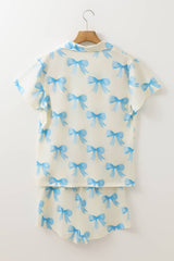 Bow Printed Short Sleeve Shirt and Shorts Pajama Set