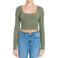 RIBBED SEAMLESS SCOOP NECK LONG SLEEVE CROPPED TOP