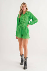 61136R - Accordion Pleated Collared Romper