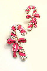 CHRISTMAS CANDY CANE BOW PEARL STUD EARRINGS
